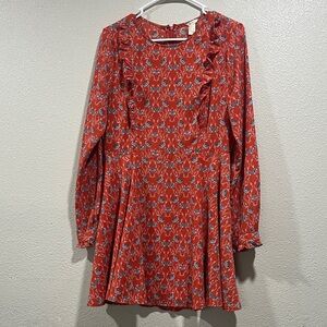 Forever21 Red Brick Floral Long Sleeve Ruffle Front Dress